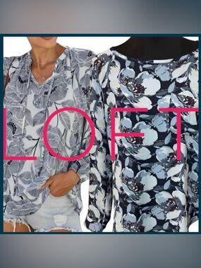 LOFT Navy/Light Blue Floral Long Sleeve Scoop Neck Blouse Top (M)